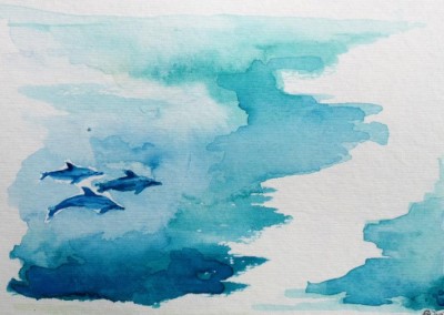 watercolor of dolphins swimming