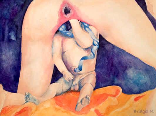 breech birth watercolor painting